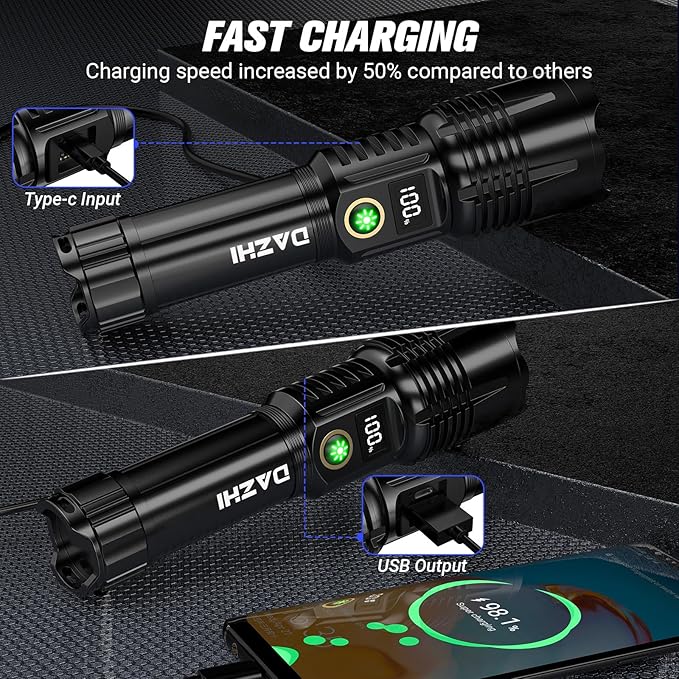 Rechargeable Led Flashlight 250000 Lumen, Super Bright Tactical Flashlight High Lumens 5 Light Modes, IPX7 Waterproof, Zoomable, Powerful Handheld Flashlight for Outdoor Emergency Camping, Hiking