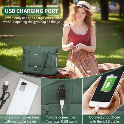 ETRONIK Gym Bag for Women, Travel Duffel Bag with USB Charging Port, Weekender Overnight Bag with Wet Pocket and Shoes Compartment for Women, Travel, Gym, Yoga (Dark Green)