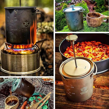 Bestargot Camping Titanium Pot, French Press Coffee Maker, Camp Cooking Pot with Light Wood knob, 750ml Camping Cup for Camping Hiking Backpacking, Capacity 25 Fl Oz