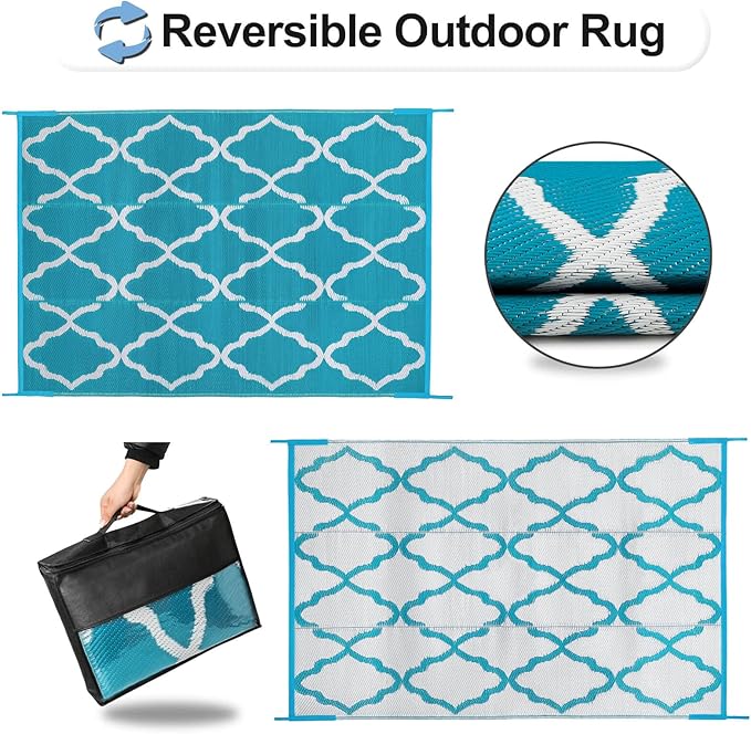 OutdoorLines Outdoor Plastic Area Rugs for Patio 6x9 ft - Reversible Outside Carpet, Stain & UV Resistant RV Mats, Straw Rug for Camping, Deck Garden, Porch and Balcony, Moroccan Teal & Light Grey