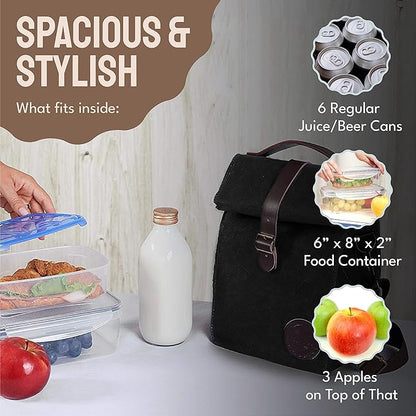 Insulated Lunch Bag for Women & Men - Reusable & Leak Proof Lunch Box Cooler Bag for Work, Beach, Travel for Adults with Shoulder Strap, Father's Day Gift - Waxed Canvas (Black) - Reusable Bag