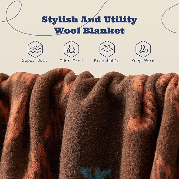 ACUSHLA Merino Wool Blanket - Soft Warm Thick Washable Large Throw Blanket for Camping Bed Couch Outdoor Travel All Weather, Navajo Style Brown 79X63