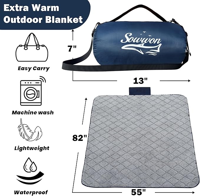 Waterproof Outdoor Blanket 82”X 55” Packable, Stadium Blankets for Camping with Sherpa Fleece Lining, Large Windproof Emergency Throw Mat for Garss Picnic Hiking Road Trip, Machine Washable, Navy