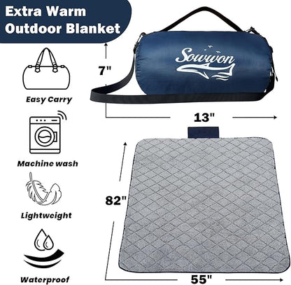 Waterproof Outdoor Blanket 82”X 55” Packable, Stadium Blankets for Camping with Sherpa Fleece Lining, Large Windproof Emergency Throw Mat for Garss Picnic Hiking Road Trip, Machine Washable, Navy