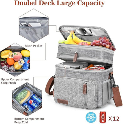 LOKASS Lunch Bag for Women/Men Work, 16L Expandable Double Deck Lunch box, Waterproof Leak-proof Cooler Bag, Portable Meal Prep Lunchbag with Adjustable Shoulder Strap-Grey