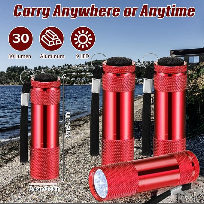 VIHOSE 32 Pcs Mini Flashlights Bulk, Bright Aluminum Handheld Flash Light with Lanyard, Small LED Flashlights for Kids Night Reading Emergency Hurricane Camping Hiking Party Favors(Red)
