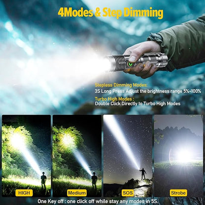 Rechargeable Magnetic Flashlight 20000 High Lumens - 1500 Meters Long Beam Super Bright LED Tactical Flashlight with Holster USB Zoomable 5Modes Small Long Beam Spotlight Flashlight for Camping