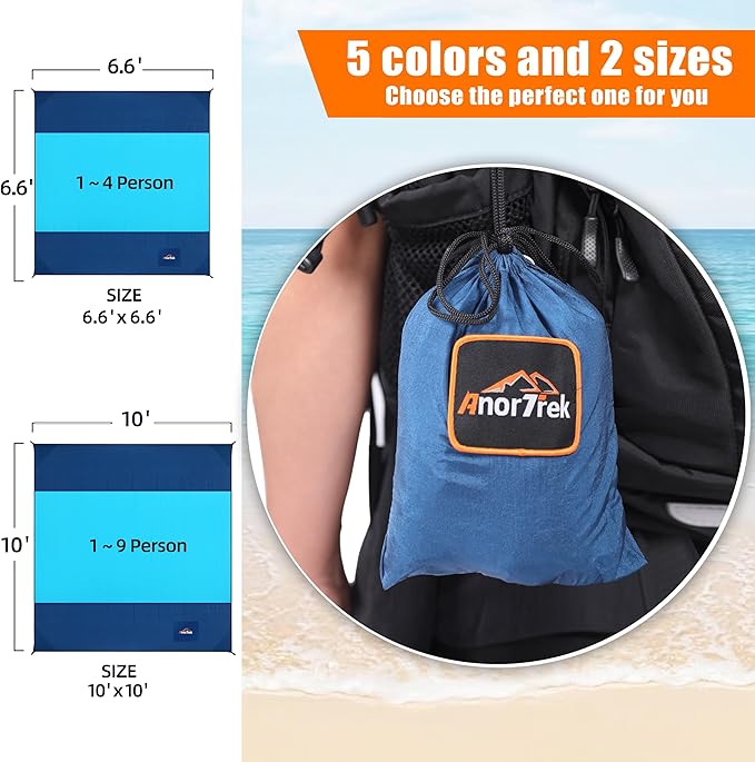 Beach Blanket Sandproof, Extra Large Beach Mat, Sand Free Mat Quick Drying, Lightweight, Soft & Durable Mat for Beach, Yard (Dark Blue & Blue, 6.6 x 6.6 FT (1～4 Person))