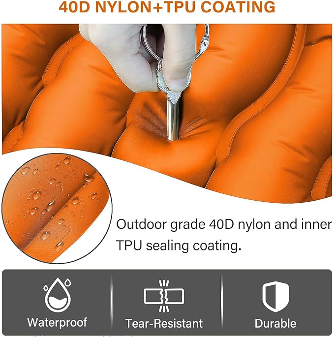 Camping Sleeping Pad, Ultralight Camping Pad with Pillow, Built-in Foot Pump Inflatable Sleeping Pad, Compact Size for Camping, Backpacking, Hiking - Orange