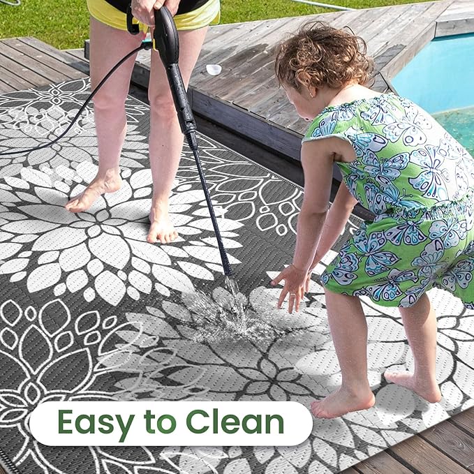 LuxStep Outdoor Rug Waterproof Outdoor Plastic Straw Rug Reversible Patio Rug Mat Outdoor Decor Large Area Mats for RV, Picnic, Backyard, Deck, Balcony, Porch, Beach, Camping, 4'x 6',Grey