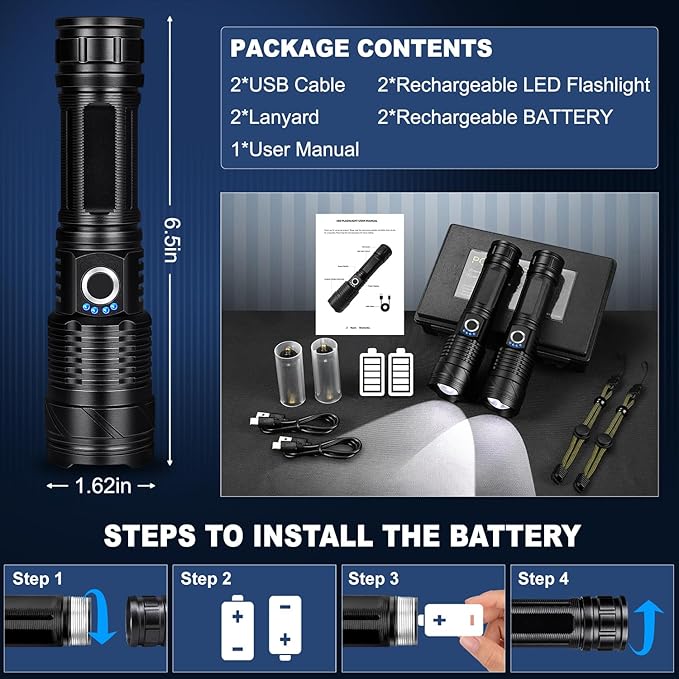 Rechargeable LED Flashlights High Lumens, 990,000 Lumen Super Bright USB Flashlight with 5 Modes, Waterproof Powerful Flash Light Multifunctional US Flashlights for Home Camping Hiking(2 Pack)