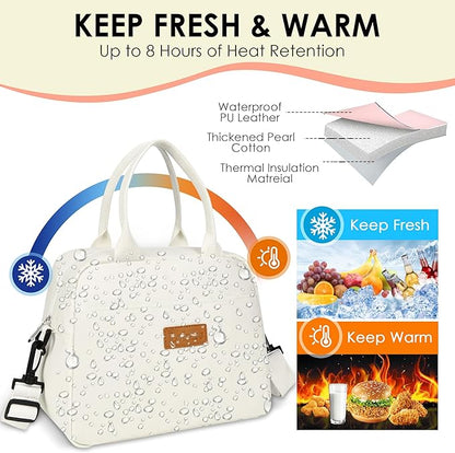 LOKASS Lunch Bag for Women-Insulated Adults Lunch Box with Front Pocket- Small Cute Lunch Tote for Work-Reusable Cooler Bag for Office Picnic Beach or Travel（White）
