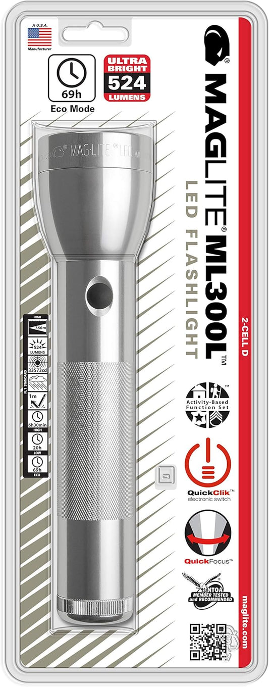 Maglite ML300L LED 2-Cell D Flashlight, Silver