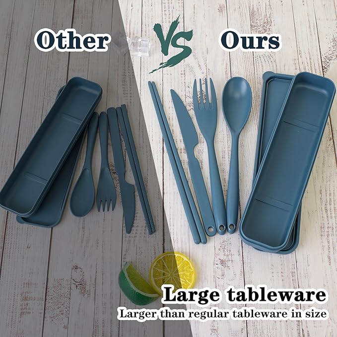 Reusable Utensils Set with Case, 4 Sets Large Plastic Travel Cutlery Set with Chopsticks, Portable Fork Spoons Knife Set Lunch Box Utensil Set for Adults Camping Picnic Use