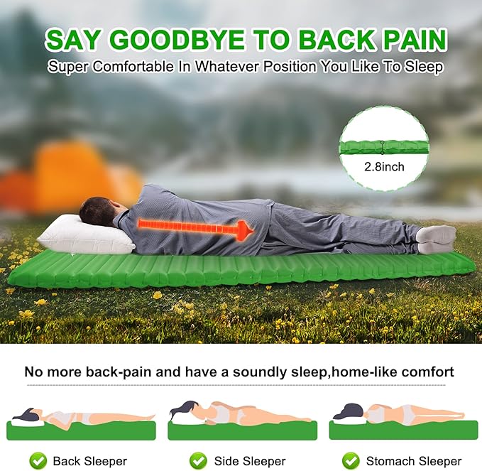 Sleeping Pad for Camping - Ultralight Inflatable Sleeping Mat for Camping Backpacking Hiking Tent Traveling - Portable Compact Lightweight Waterproof Air Mattress with Inflating Bag - Green