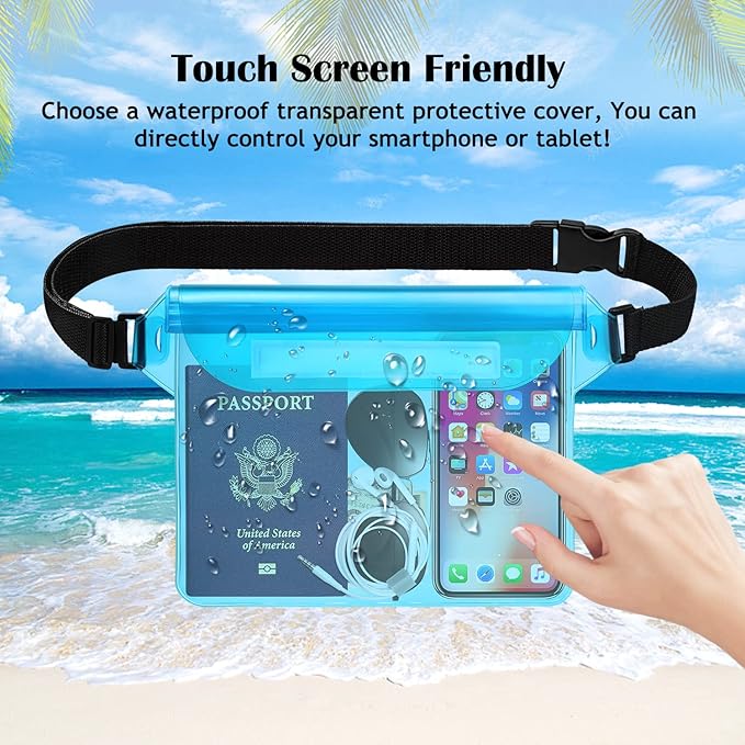 Hatisan Waterproof Pouch with Waist Strap, Waterproof Fanny Pack Keep Phone Valuables Safe and Dry Beach Accessories for Vacation Boating Swimming Snorkeling Kayaking Pool(2 Pack,Blue+Pink)