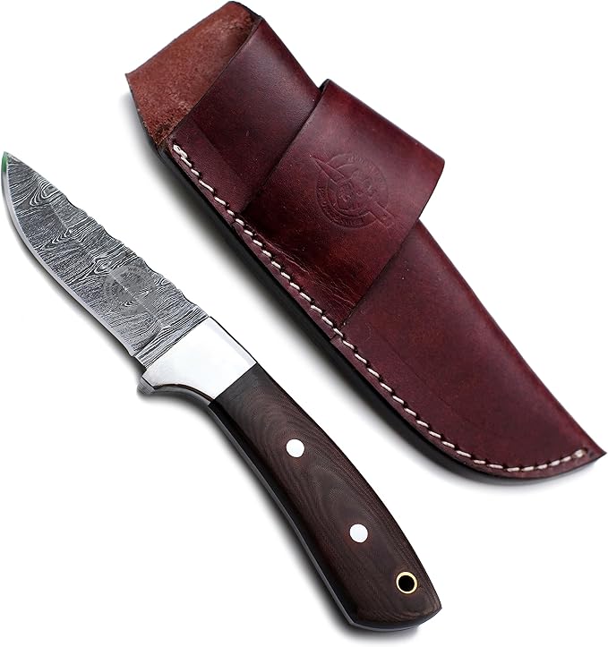 Handmade Damascus Steel Knife Bowie for Hunting,Survival Camping,Bushcraft,and Fishing,Fixed Blade Dagger with Drop point Full Tang Micarta Handle, Leather Sheath - WKD-807