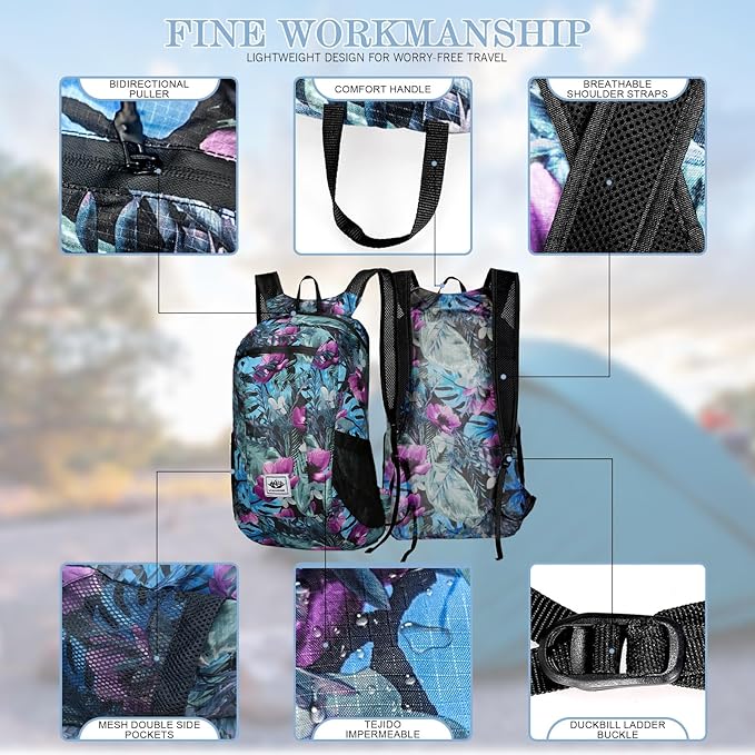 20L Waterproof Packable Hiking Backpack, Flower Ultra Lightweight Travel Camping Backpack for Women Men, Foldable Outdoor Day Pack Bag for Backpacking Sports (Color 1)