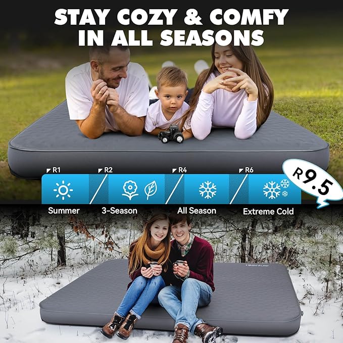 Hikenture 4" Thick Self Inflating Sleeping Pad with Electric Pump, Ultralight Foam Camping Mattress 2 Person, 9.5 R-Value Insulated Sleeping Mat, Portable Double Camping Pad for Tent, Car, Truck