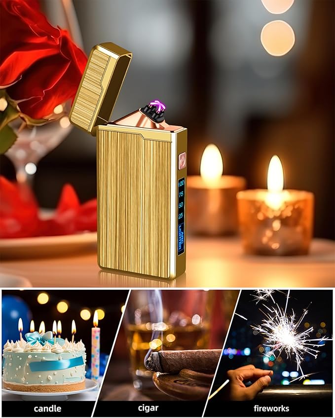 2 Pack Electric Lighter,USB Rechargeable Lighter, Plasma Dual Arc Lighter, Windproof Flameless Lighter, Pocket Metal Lighter with LED Battery Indication for Indoor Outdoor (Black&Gold)