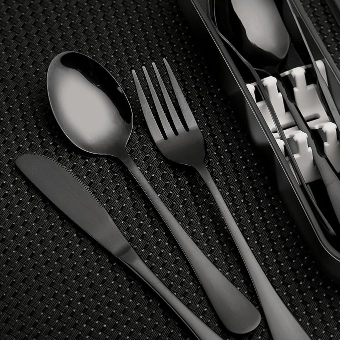 Portable Utensils Set with Case, 4pcs Stainless Steel Reusable Silverware for Lunch Camping School Picnic Workplace Travel, Lunch Box Includ Fork Spoon Knife,Easy to clean,Dishwasher Safe (grey)