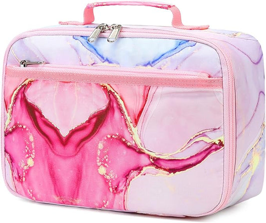 LOIDOU Lunch Box Kids Girls Boys Insulated Lunch Bag Thermal Meal Tote Women Reusable Lunch Pail Bags for School Travel (Marble Pink)