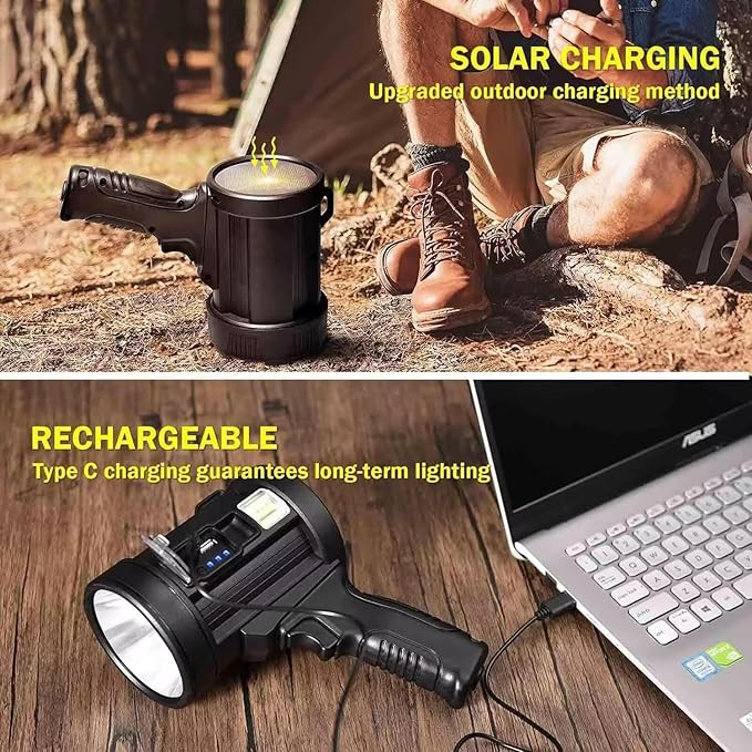 Rechargeable Spotlight,1000000LM Spotlight Flashlight with 6 Modes, IP65 Waterproof Spot Light with COB Light and Solar Panels, Handheld Spotlight Rechargeable for Hunting Boating Camping