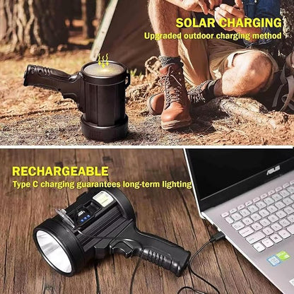 Rechargeable Spotlight,1000000LM Spotlight Flashlight with 6 Modes, IP65 Waterproof Spot Light with COB Light and Solar Panels, Handheld Spotlight Rechargeable for Hunting Boating Camping