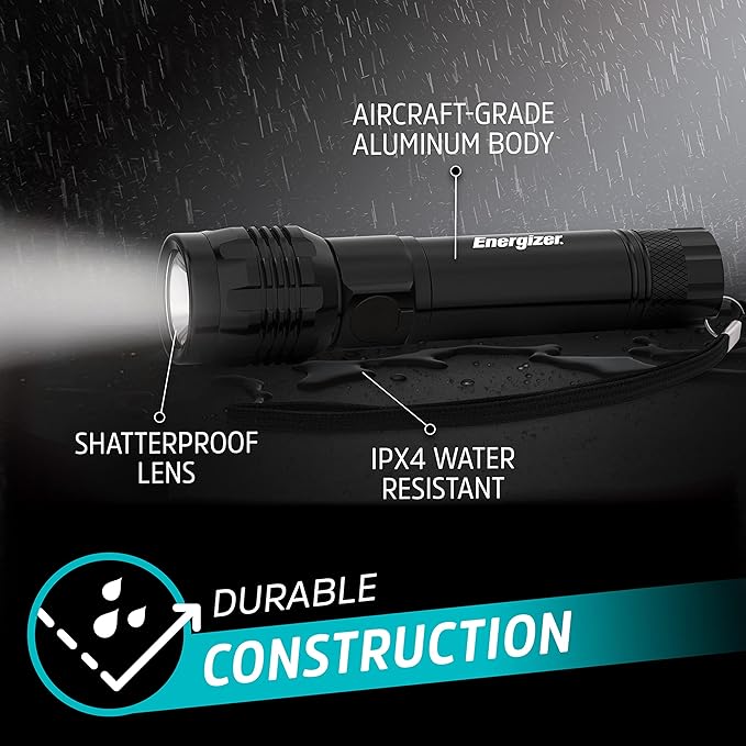 Energizer Rechargeable LED Flashlight X1000, Hybrid Power Capability, Ultra Bright 1000 Lumens, IPX4 Water Resistant, Rugged Aluminum Tactical LED Flash Light (USB Charging Cable Included)