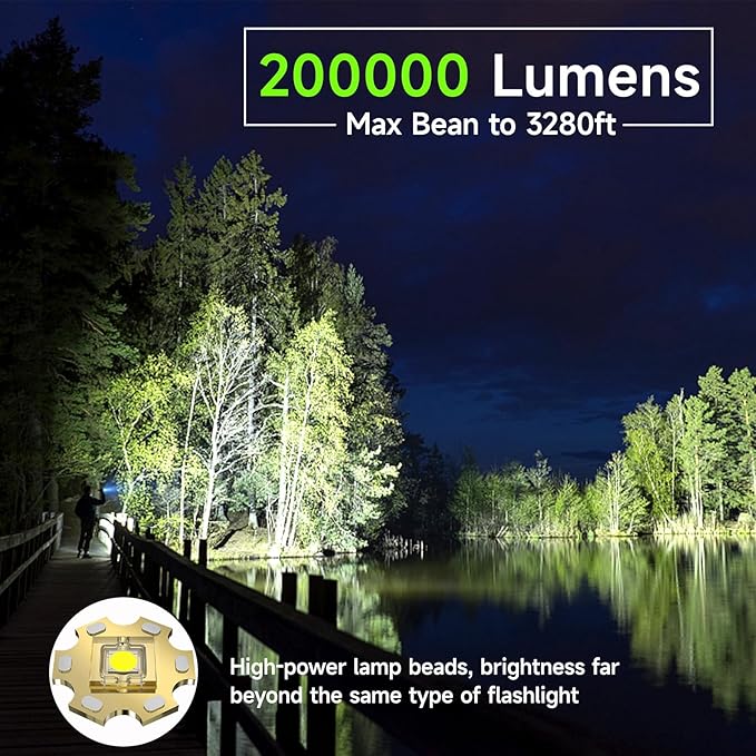Flashlights High Lumens Tactical, Rechargeable Flashlight, 200000 Lumens Super Bright Flash Light, IPX45 Waterproof, 5 Modes Flash Lights for Camping, Emergency, Outdoor, Home