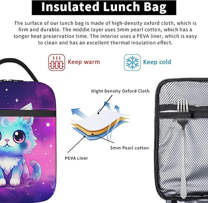 Galaxy Cute Cat Printed Insulated Lunch Box Portable Purple Lunch Bag with Detachable Handle,Reusable Lunchbox for Girls Boys Adults