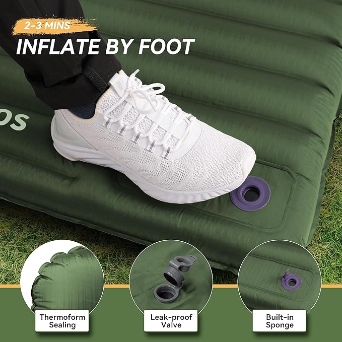 TOBTOS Inflatable Sleeping Pad for Camping with Pillow, 4" Thick Camping Mat with Built-in Foot Pump, Compact Air Mattress for Camping, Hiking, Backpacking (Green)