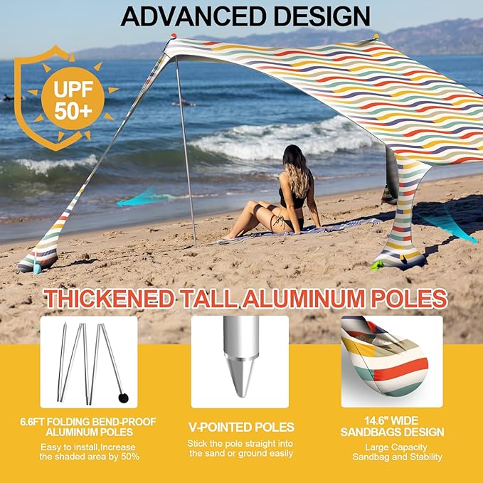 Buheco Beach Tent Pop Up Shade 10x10ft Beach Canopy Sun Shelter UPF50+ with 4 Foldable Poles-Portable Carrying Bag-Sand Shovel-Ground Pegs-Windproof Ropes for Outdoor Family Camping-Fishing- Picnic