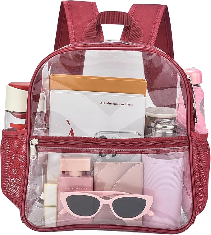 Oraben Clear Backpack for Stadium Events Clear Stadium Backpack 12x6x12 Bag (Enhanced Strap, Rose Red)