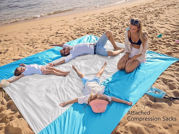 WEKAPO Beach Blanket Sandproof, Extra Large Beach Mat, Big & Compact Sand Free Mat Quick Drying, Lightweight & Durable with 6 Stakes & 4 Corner Pockets