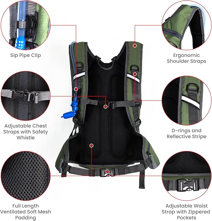 Hydration Backpack Daypack | Hiking Biking | Water Bladder Included | Insulated Pocket | Lightweight | Adjustable