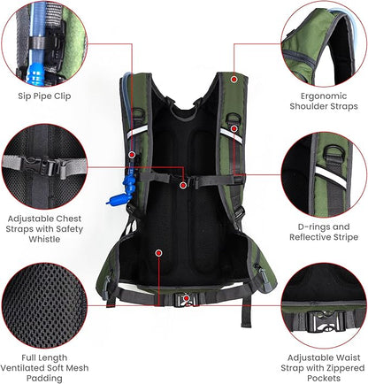 Hydration Backpack Daypack | Hiking Biking | Water Bladder Included | Insulated Pocket | Lightweight | Adjustable