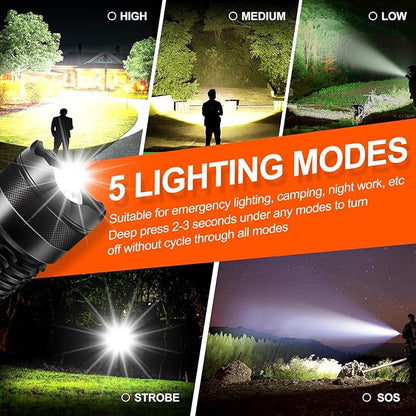 Rechargeable Flashlights, High Lumen Super Bright 150000 Lumens, LED Flashlight with 5 Modes, IP55 Waterproof, Powerful Handheld Flashlight for Camping, Hiking, Emergency