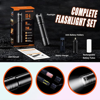 SuperFire LED Flashlight,EDC Flashlight Hight Lumens, Zoomable Flash Light for Outdoor, Emergence，Rechargeable or AAA batteries Dual Power Mode