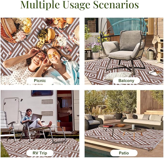 OPPODREAM Outdoor Rug 5x8 Ft, Waterproof Outdoor Plastic Straw Rug for Patio, Reversible Out Door Carpet for Camping, Deck, Rv, 5 x 8 Area Carpet for Balcony, Porch, Backyard, White and Brown