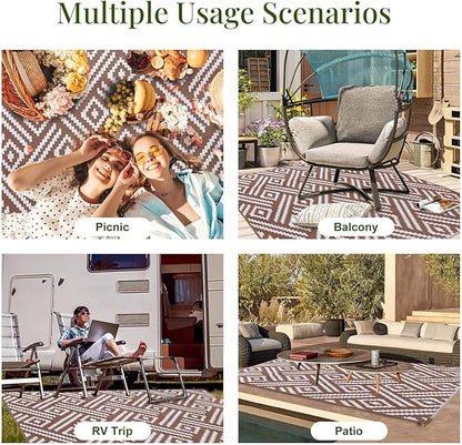 OPPODREAM Outdoor Rug 5x8 Ft, Waterproof Outdoor Plastic Straw Rug for Patio, Reversible Out Door Carpet for Camping, Deck, Rv, 5 x 8 Area Carpet for Balcony, Porch, Backyard, White and Brown