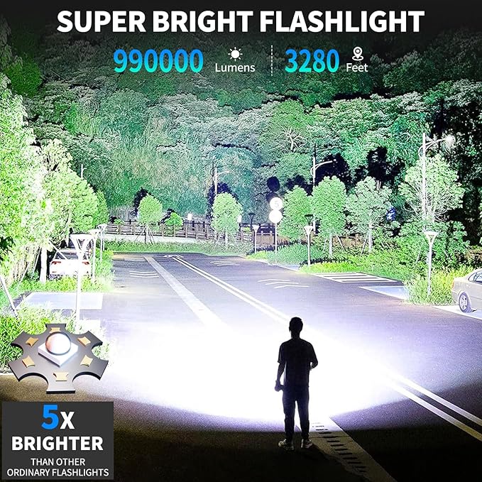 Rechargeable LED Flashlights High Lumens, 990000 Lumen Super Bright Flashlight with 7 Modes & Waterproof, Powerful USB Rechargeable Handheld Flash Light for Camping Home