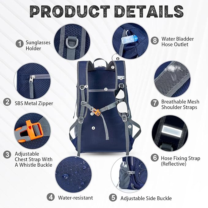 40L Lightweight Hiking Backpack Travel Packable Daypack for Women and Men, Navy Blue