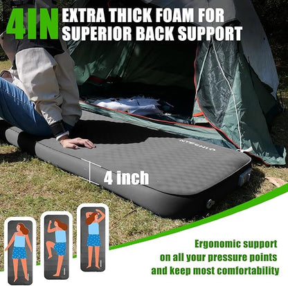 Self Inflating Sleeping Pad for Camping, 4" Extra-Thick Memory Foam Camping Mattress with Electric Pump, Fast Inflate & Deflate, 9.5 R-Value Insulated Camping Pad for Car Travel Tent Cot, Grey