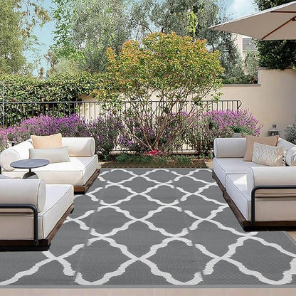 OutdoorLines Outdoor Plastic Area Rugs for Patio 4x6 ft - Reversible Outside Carpet, Stain & UV Resistant RV Mats, Straw Rug for Patio, Camping, Porch and Balcony, Moroccan Grey & Light Grey