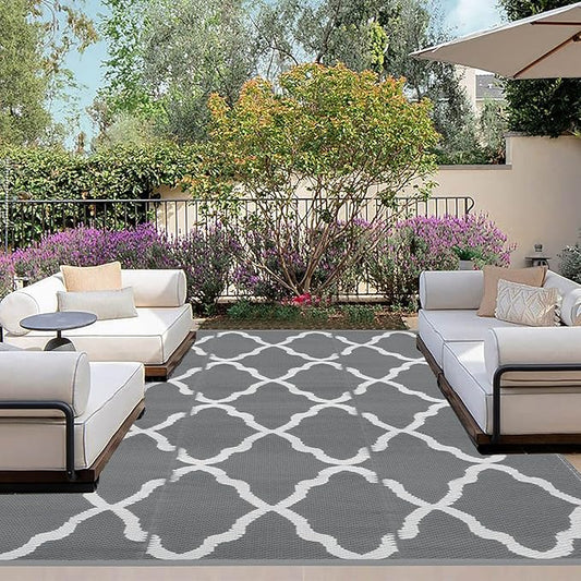 OutdoorLines Outdoor Plastic Area Rugs for Patio 4x6 ft - Reversible Outside Carpet, Stain & UV Resistant RV Mats, Straw Rug for Patio, Camping, Porch and Balcony, Moroccan Grey & Light Grey
