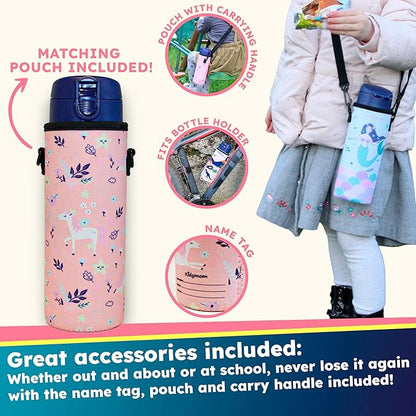 Stainless Steel Water Bottle Kids 12 oz With Carrying Pouch| Insulated Water Bottle For Kid, Toddler, Girls or Teen | Leakproof, BPA-Free |Little Metal Tumbler for School, Pink Unicorn Girl