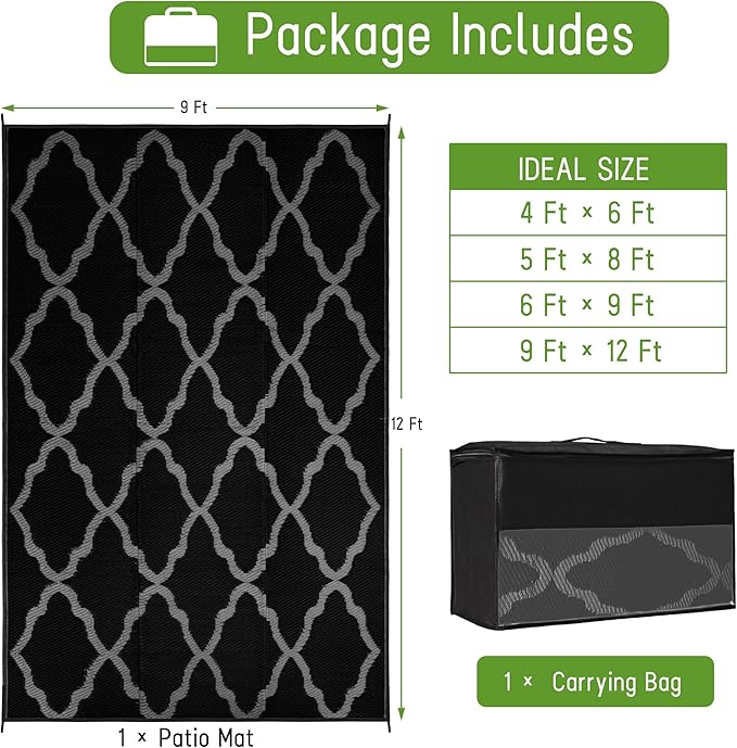 Easy-Going Reversible Outdoor Rugs 9x12ft Waterproof Plastic Straw Rug Stain & UV Resistant Floor Mat for Patio Porch RV Backyard Pool Deck Picnic Beach Trailer Camping (Moroccan Black & Grey)