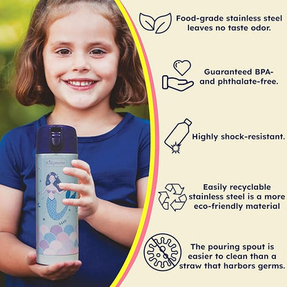 Stainless Steel Water Bottle Kids 12 oz With Carrying Pouch| Insulated Water Bottle For Kid, Toddler, Girls, Boys or Teen | Leakproof, BPA-Free | Little Metal Tumbler for School | Mermaid Girl