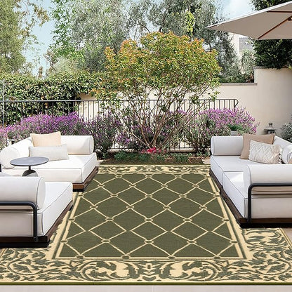 OutdoorLines Indoor Outdoor Rugs for Patio 5x8 ft - Reversible Outside Carpet, Stain & UV Resistant Portable RV Mat, Plastic Straw Rug for Camping, Pool Deck, Porch Rhombus Deep Lichen Green & Vanilla